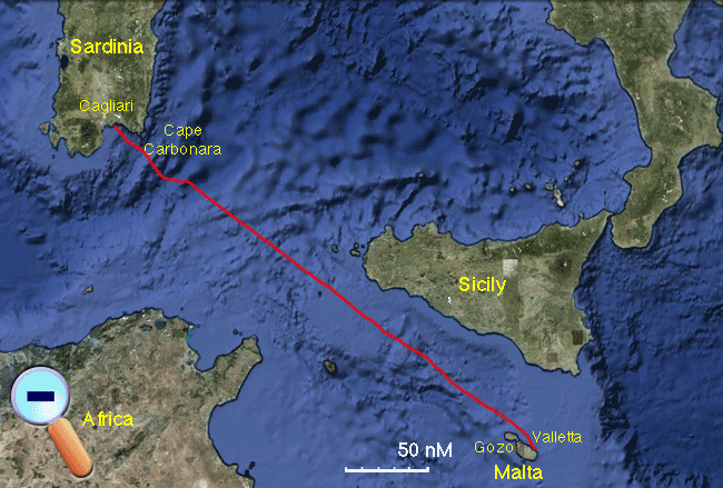 Route from Malta to Sardinia